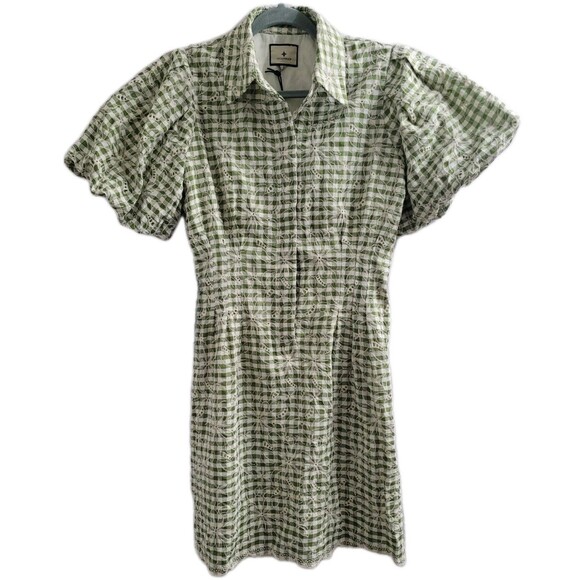 Tuckernuck Dresses & Skirts - NWT Tuckernuck Delaney Green Gingham Embroidered Mini Dress Puff Sleeve Sz Small